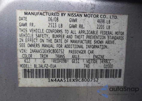 2009 Nissan Maxima 3.5 Sv from USA, damaged, VIN 1N4AA51EX9C800752